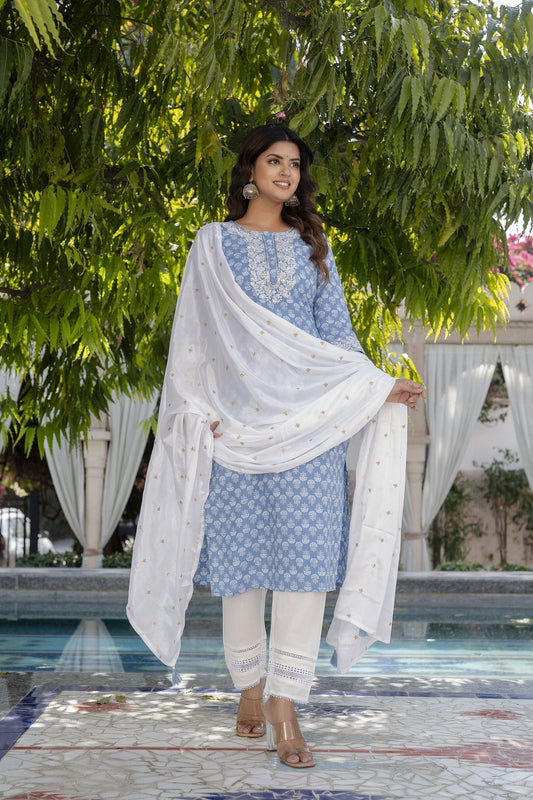 Women Blue Embroidered Straight Kurta With Trouser And Dupatta | LASVINI - Redefining Indian Fashion with Elegance