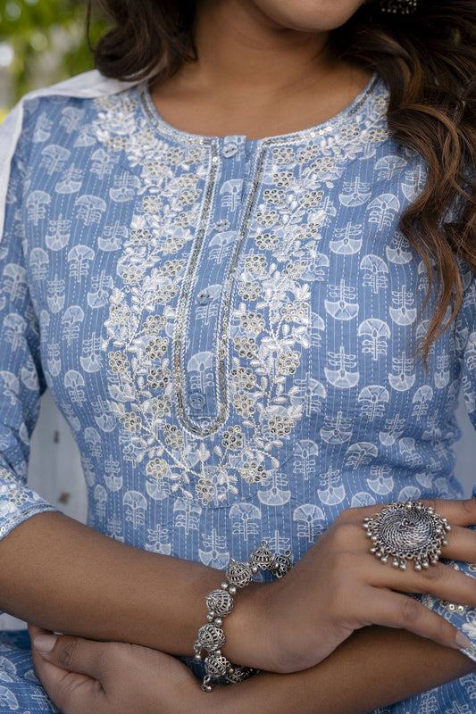 Women Blue Embroidered Straight Kurta With Trouser And Dupatta | LASVINI - Redefining Indian Fashion with Elegance