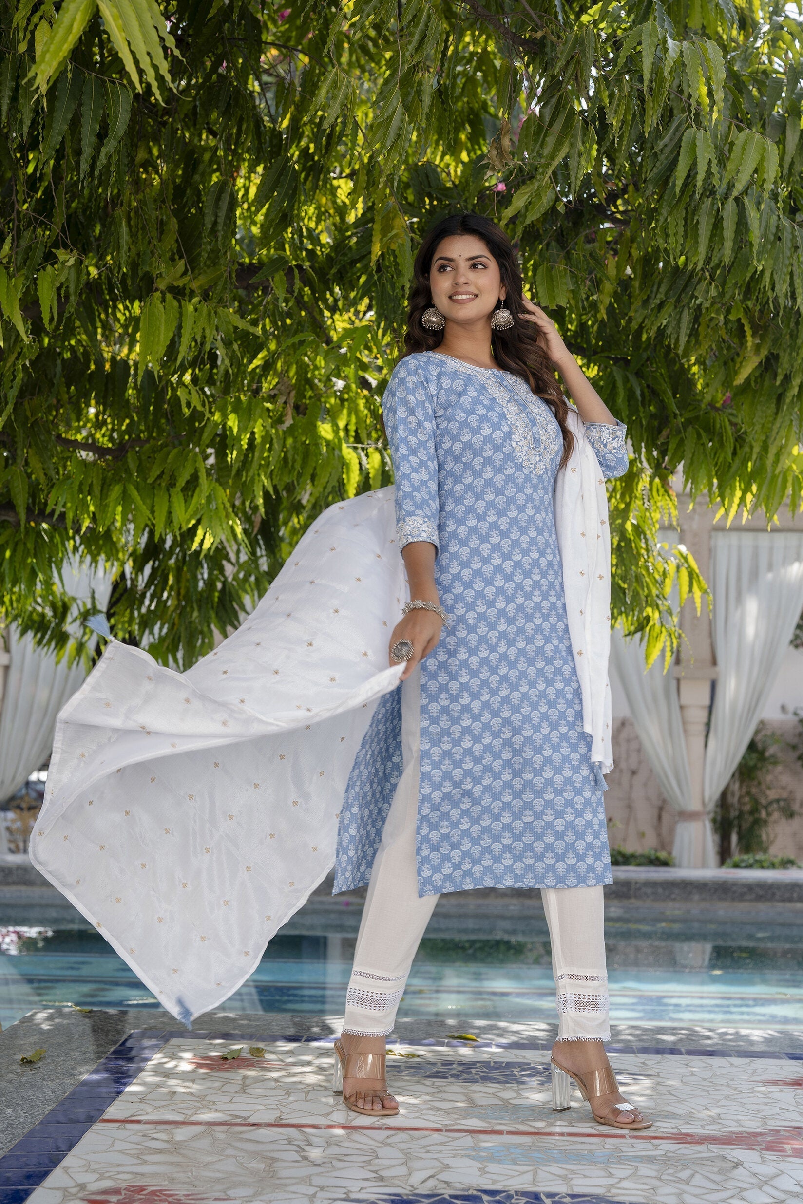 Women Blue Embroidered Straight Kurta With Trouser And Dupatta | LASVINI - Redefining Indian Fashion with Elegance