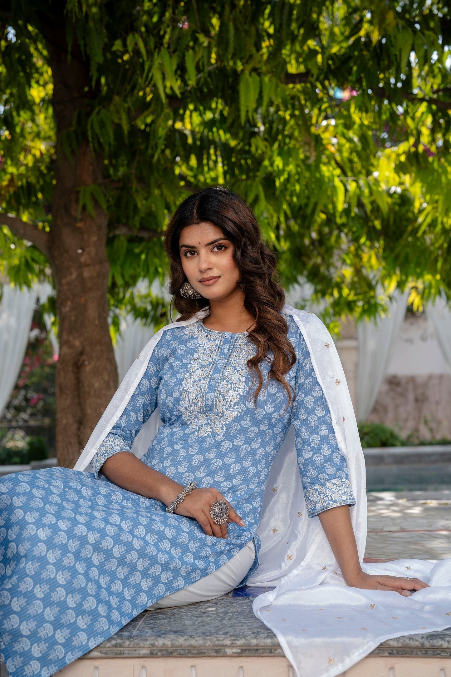 Women Blue Embroidered Straight Kurta With Trouser And Dupatta | LASVINI - Redefining Indian Fashion with Elegance