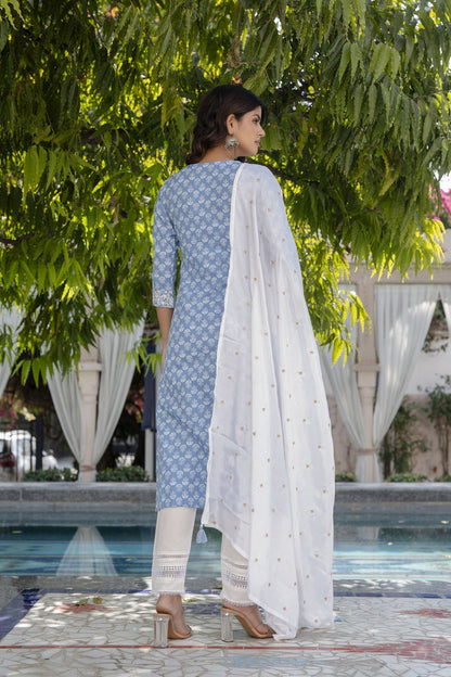 Women Blue Embroidered Straight Kurta With Trouser And Dupatta | LASVINI - Redefining Indian Fashion with Elegance