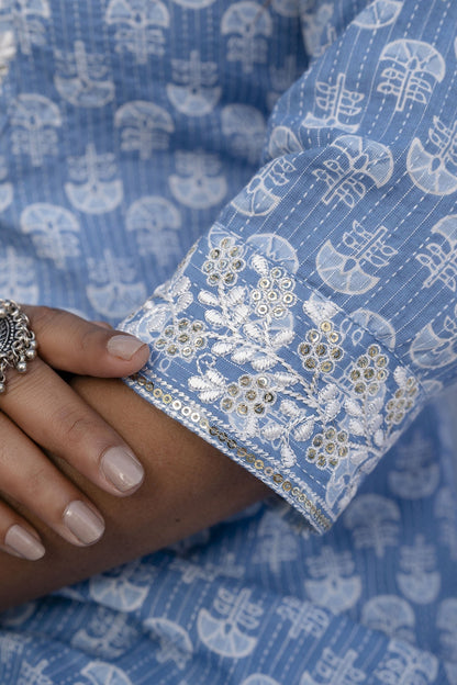 Women Blue Embroidered Straight Kurta With Trouser And Dupatta | LASVINI - Redefining Indian Fashion with Elegance