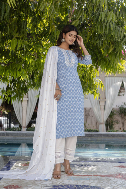 Women Blue Embroidered Straight Kurta With Trouser And Dupatta | LASVINI - Redefining Indian Fashion with Elegance