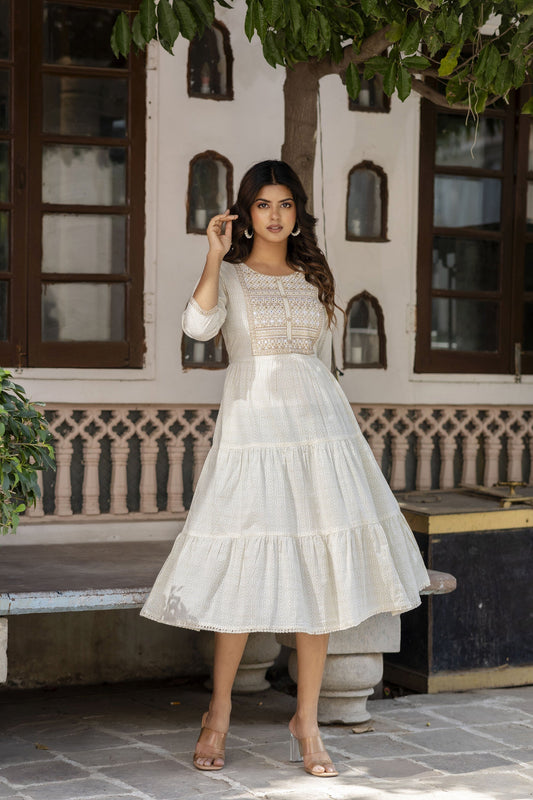 Women Off White Embroidered Gathered Dress | LASVINI - Redefining Indian Fashion with Elegance