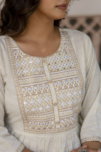 Women Off White Embroidered Gathered Dress | LASVINI - Redefining Indian Fashion with Elegance