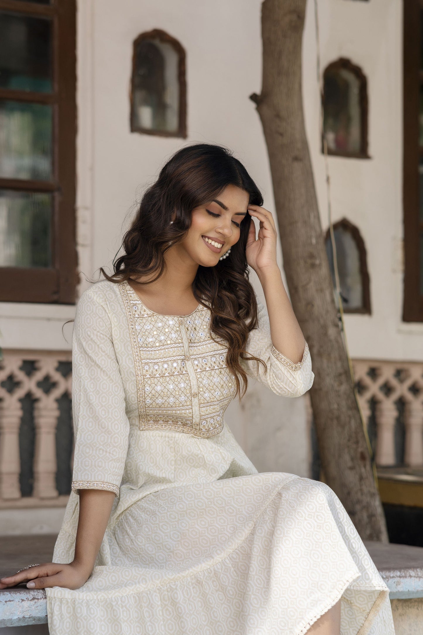 Women Off White Embroidered Gathered Dress | LASVINI - Redefining Indian Fashion with Elegance