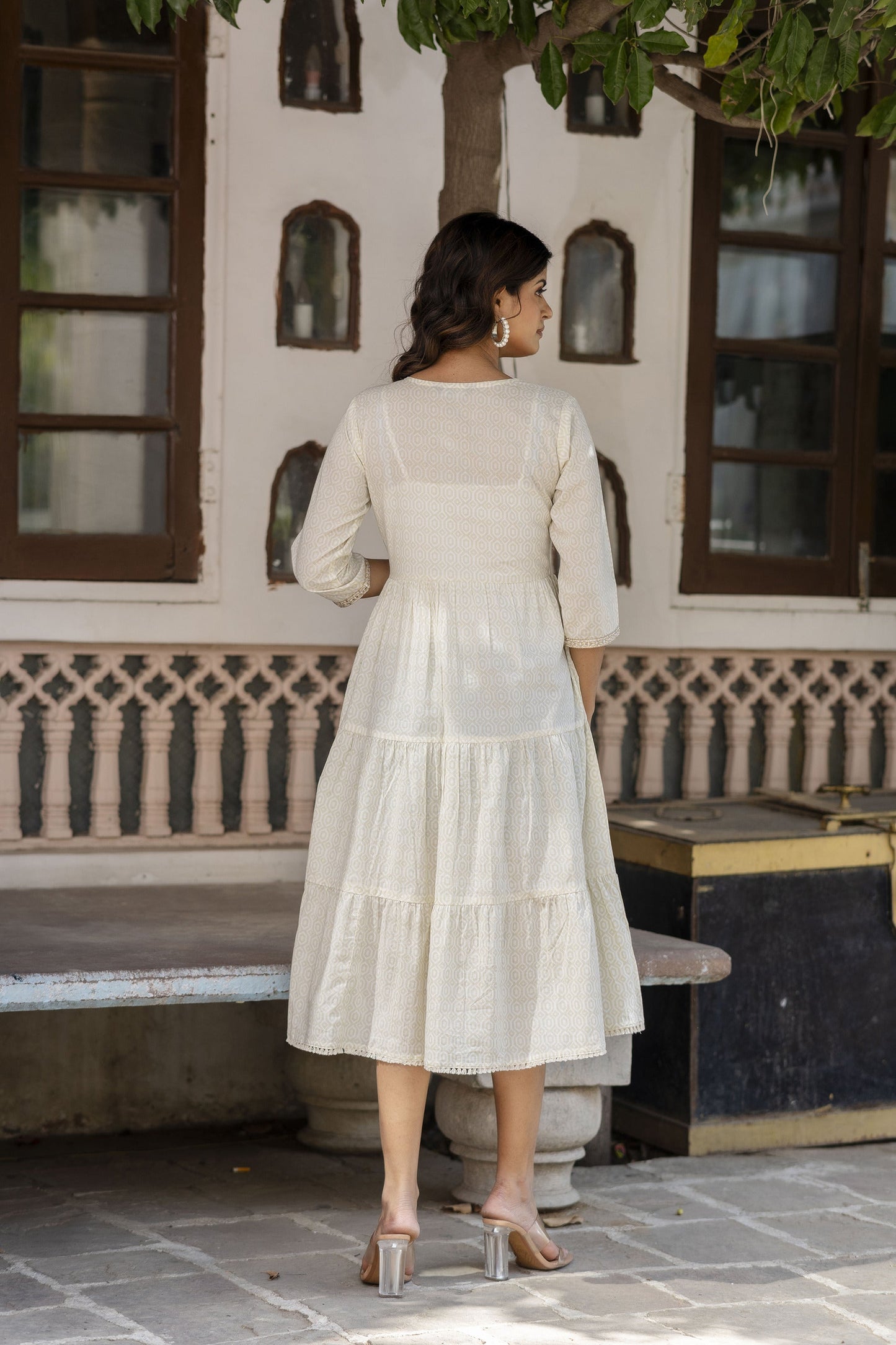 Women Off White Embroidered Gathered Dress | LASVINI - Redefining Indian Fashion with Elegance