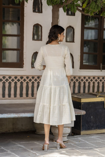 Women Off White Embroidered Gathered Dress | LASVINI - Redefining Indian Fashion with Elegance