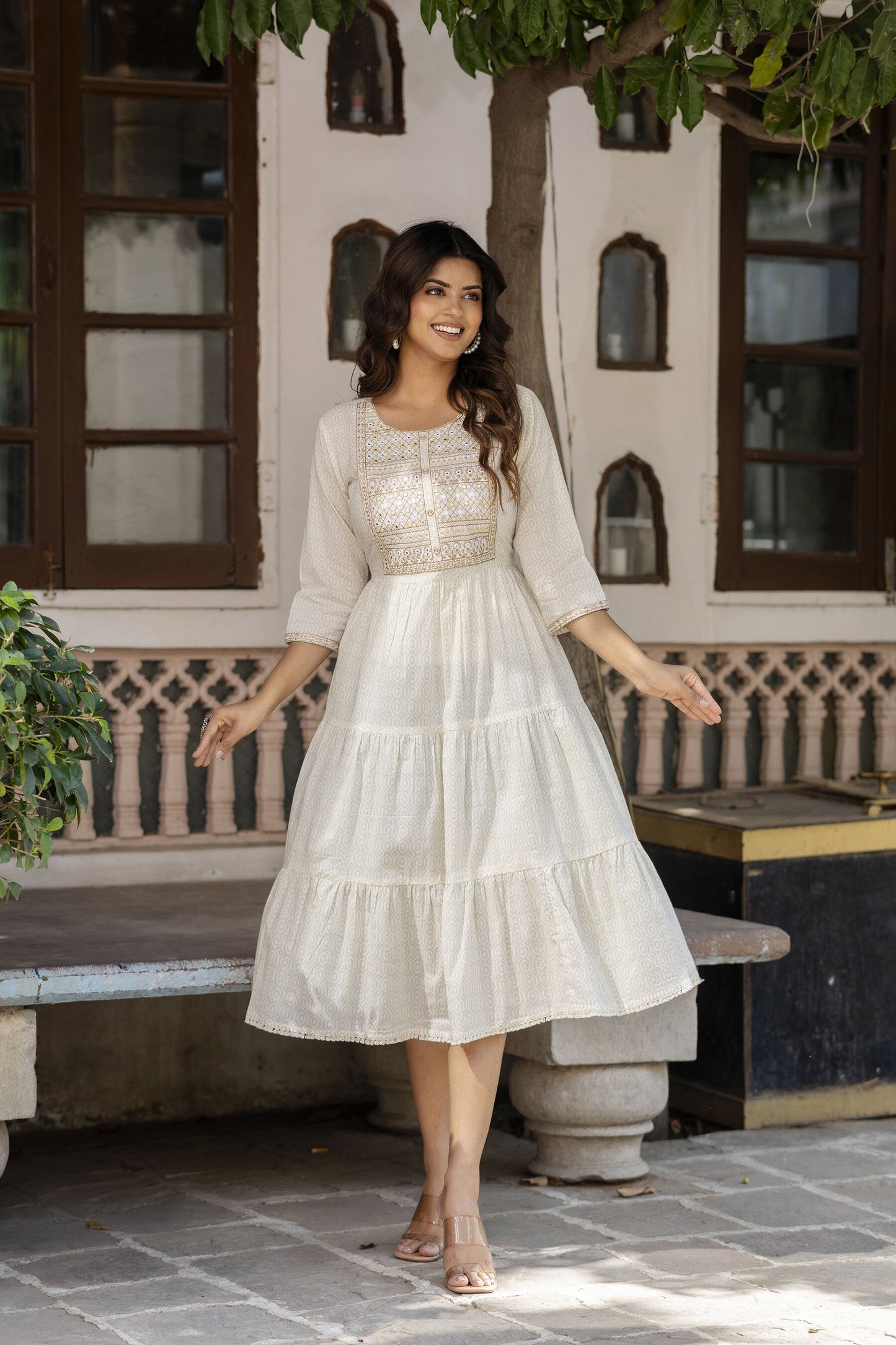 Women Off White Embroidered Gathered Dress | LASVINI - Redefining Indian Fashion with Elegance