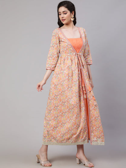 Women Peach Striped Flared Dress With Embroidered Jacket | LASVINI - Redefining Indian Fashion with Elegance