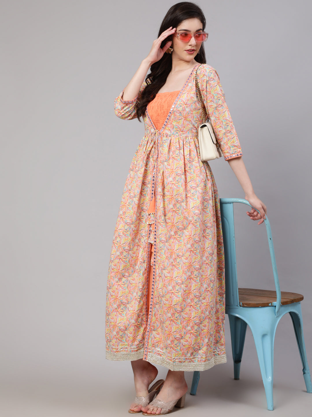 Women Peach Striped Flared Dress With Embroidered Jacket | LASVINI - Redefining Indian Fashion with Elegance