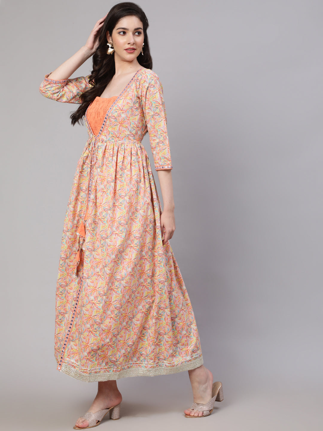 Women Peach Striped Flared Dress With Embroidered Jacket | LASVINI - Redefining Indian Fashion with Elegance