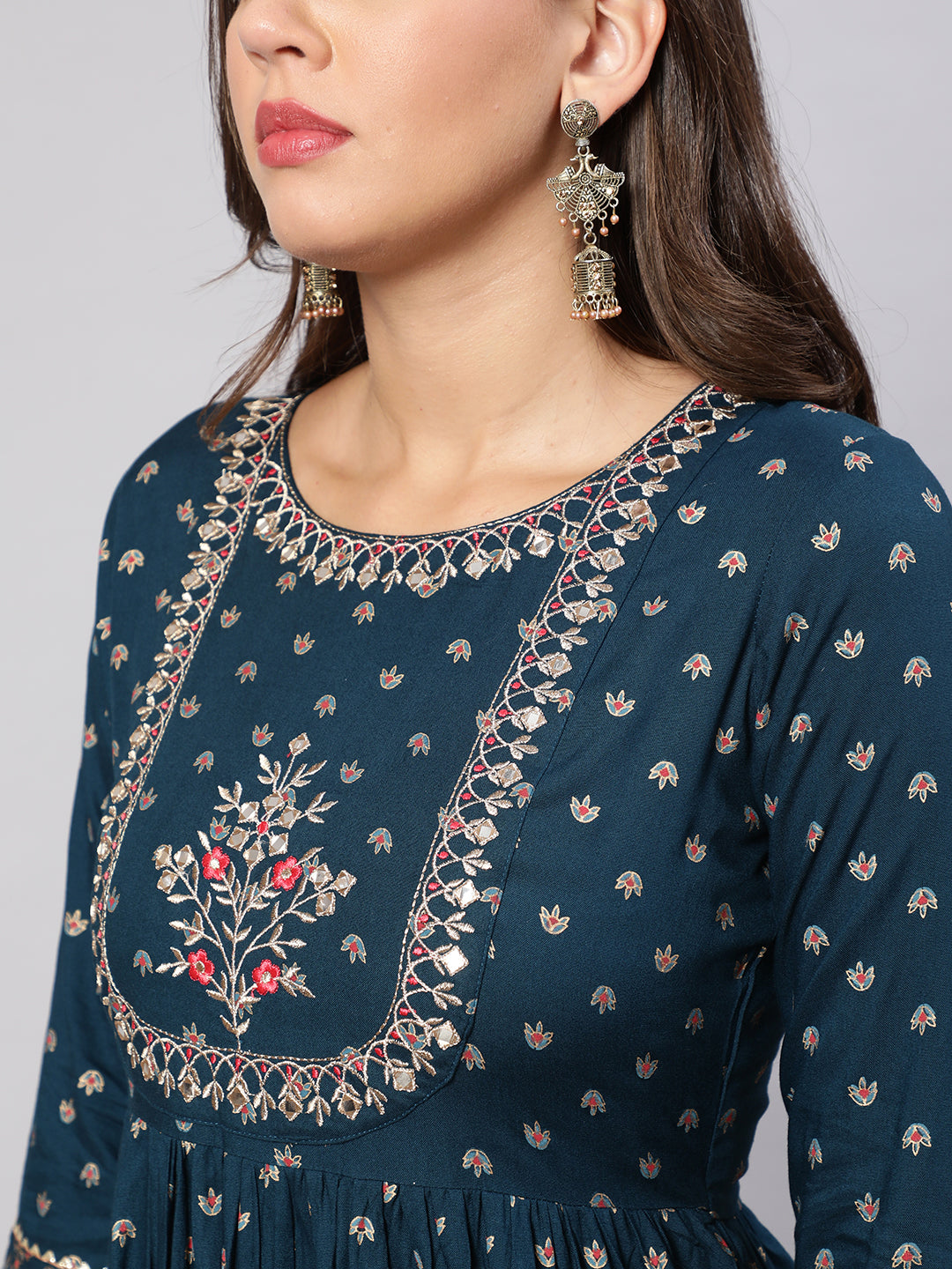 Women Teal Floral Printed Flared Dress With Scalloped Dupatta | LASVINI - Redefining Indian Fashion with Elegance