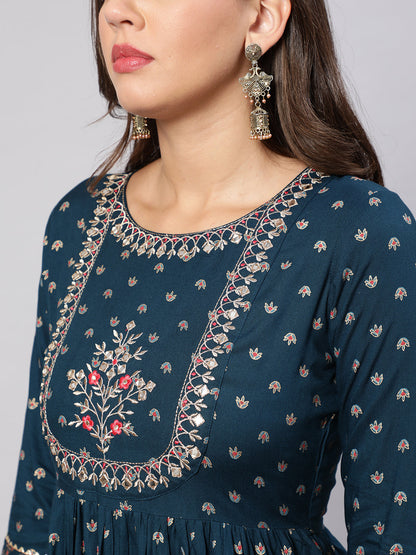 Women Teal Floral Printed Flared Dress With Scalloped Dupatta | LASVINI - Redefining Indian Fashion with Elegance