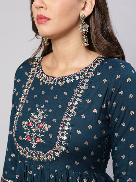 Women Teal Floral Printed Flared Dress With Scalloped Dupatta | LASVINI - Redefining Indian Fashion with Elegance