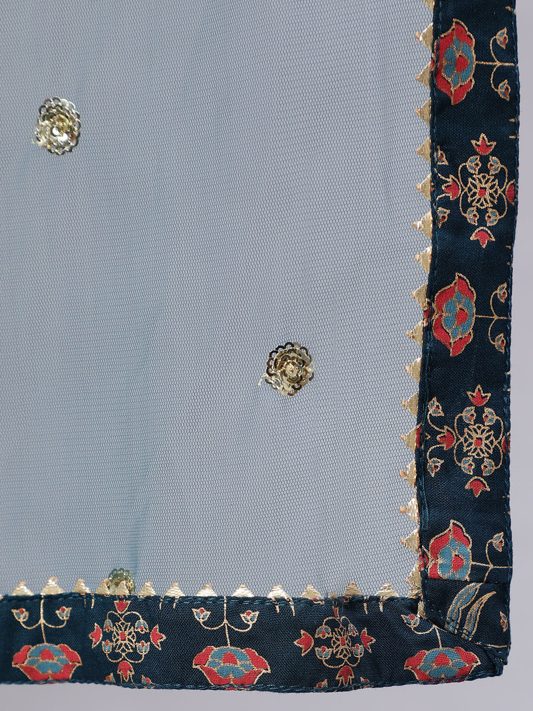 Women Teal Floral Printed Flared Dress With Scalloped Dupatta | LASVINI - Redefining Indian Fashion with Elegance