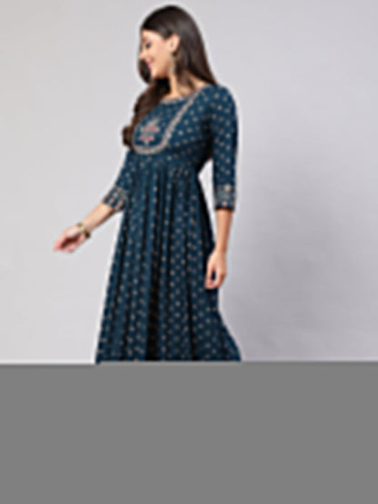 Women Teal Floral Printed Flared Dress With Scalloped Dupatta | LASVINI - Redefining Indian Fashion with Elegance