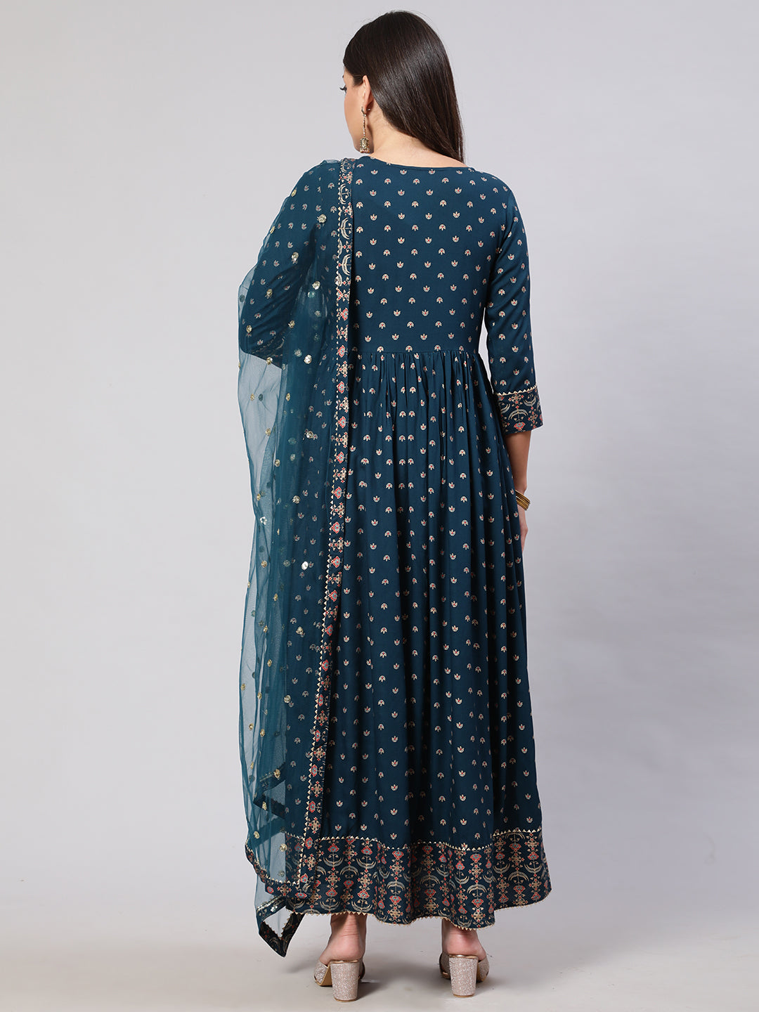 Women Teal Floral Printed Flared Dress With Scalloped Dupatta | LASVINI - Redefining Indian Fashion with Elegance
