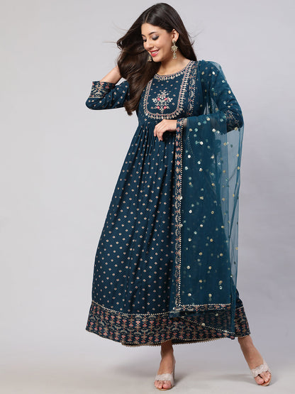Women Teal Floral Printed Flared Dress With Scalloped Dupatta | LASVINI - Redefining Indian Fashion with Elegance