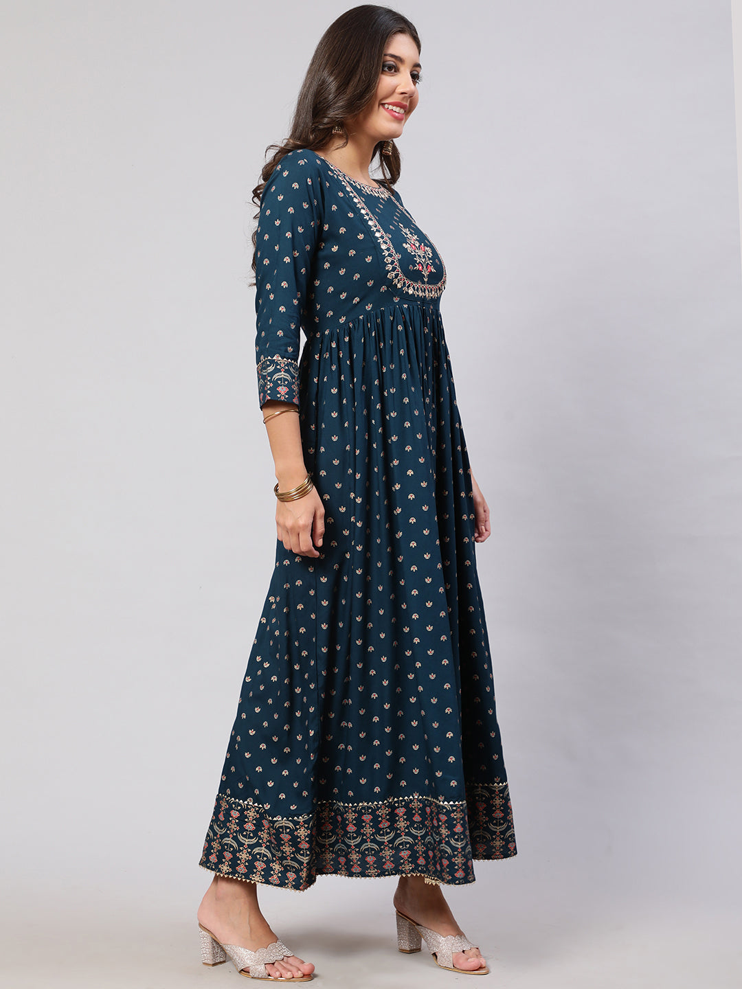 Women Teal Floral Printed Flared Dress With Scalloped Dupatta | LASVINI - Redefining Indian Fashion with Elegance