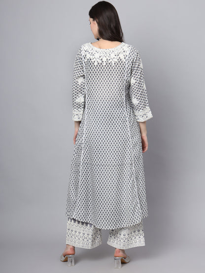 White Blue Motif Print Rayon Kurta Palazzo Sets For Women | LASVINI - Redefining Indian Fashion with Elegance