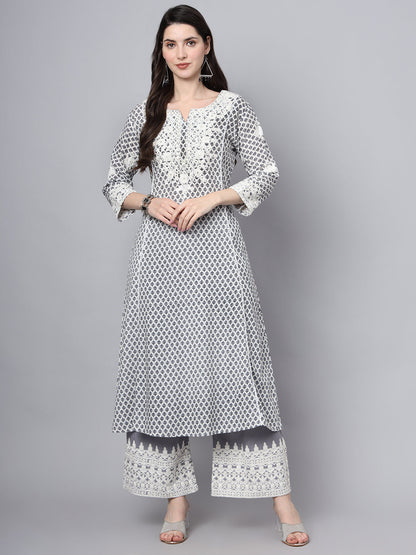 White Blue Motif Print Rayon Kurta Palazzo Sets For Women | LASVINI - Redefining Indian Fashion with Elegance