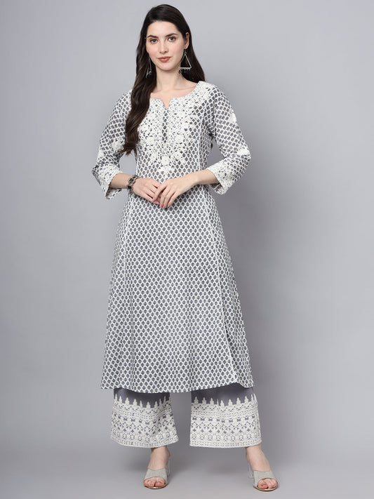 White Blue Motif Print Rayon Kurta Palazzo Sets For Women | LASVINI - Redefining Indian Fashion with Elegance