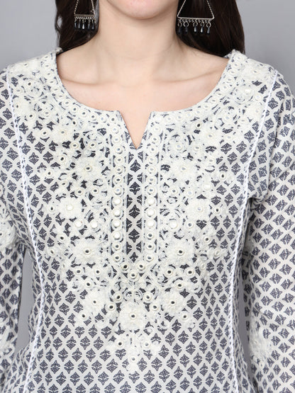 White Blue Motif Print Rayon Kurta Palazzo Sets For Women | LASVINI - Redefining Indian Fashion with Elegance