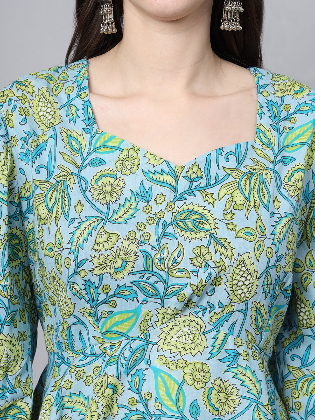Floral Printed Sky Blue Cotton Anarkali Kurta Pant Dupatta Set | LASVINI - Redefining Indian Fashion with Elegance