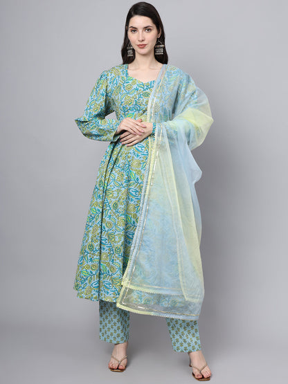 Floral Printed Sky Blue Cotton Anarkali Kurta Pant Dupatta Set | LASVINI - Redefining Indian Fashion with Elegance