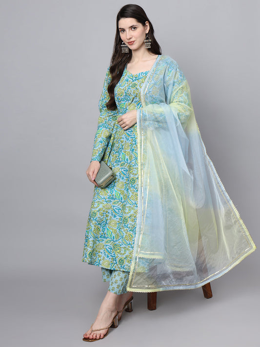 Floral Printed Sky Blue Cotton Anarkali Kurta Pant Dupatta Set | LASVINI - Redefining Indian Fashion with Elegance