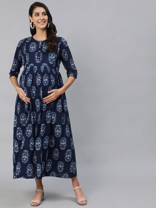 Women Blue Indigo Printed Maternity Dress With Three Quarter Sleeves | LASVINI - Redefining Indian Fashion with Elegance