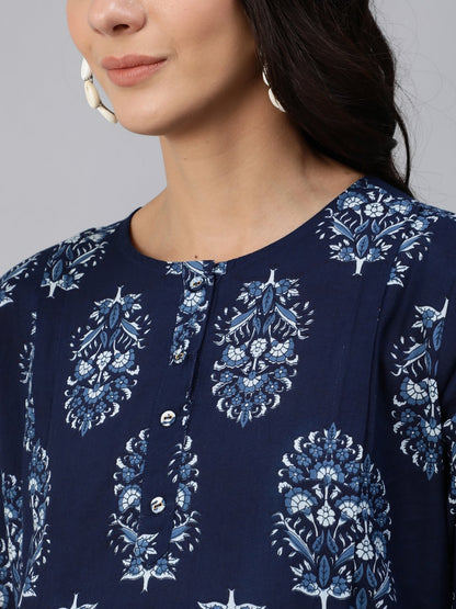 Women Blue Indigo Printed Maternity Dress With Three Quarter Sleeves | LASVINI - Redefining Indian Fashion with Elegance
