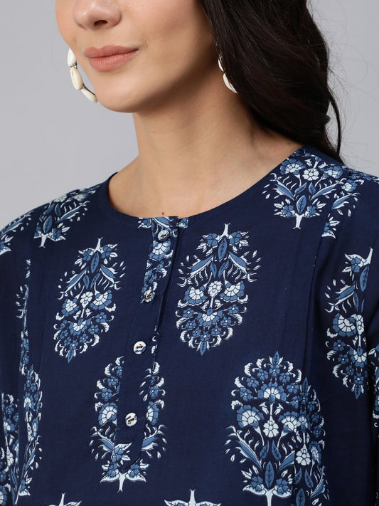 Women Blue Indigo Printed Maternity Dress With Three Quarter Sleeves | LASVINI - Redefining Indian Fashion with Elegance