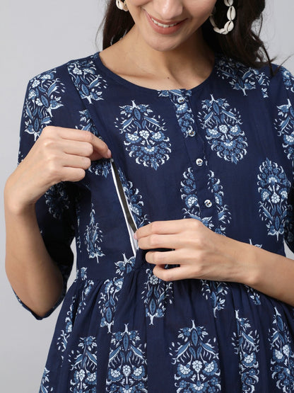 Women Blue Indigo Printed Maternity Dress With Three Quarter Sleeves | LASVINI - Redefining Indian Fashion with Elegance