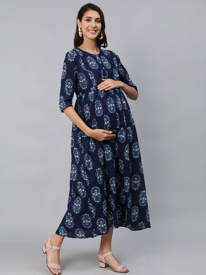 Women Blue Indigo Printed Maternity Dress With Three Quarter Sleeves | LASVINI - Redefining Indian Fashion with Elegance
