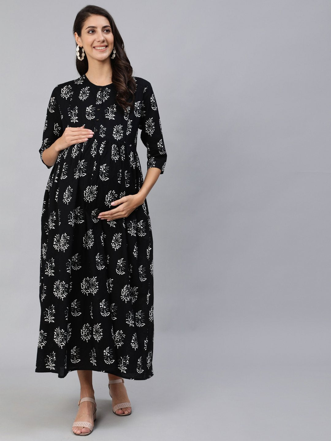 Women Black Printed Maternity Dress With Three Quarter Sleeves | LASVINI - Redefining Indian Fashion with Elegance