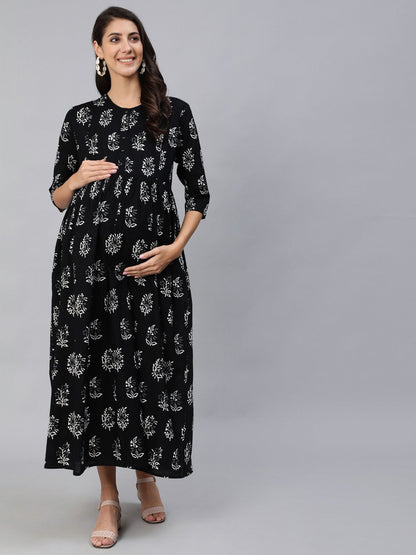 Women Black Printed Maternity Dress With Three Quarter Sleeves | LASVINI - Redefining Indian Fashion with Elegance