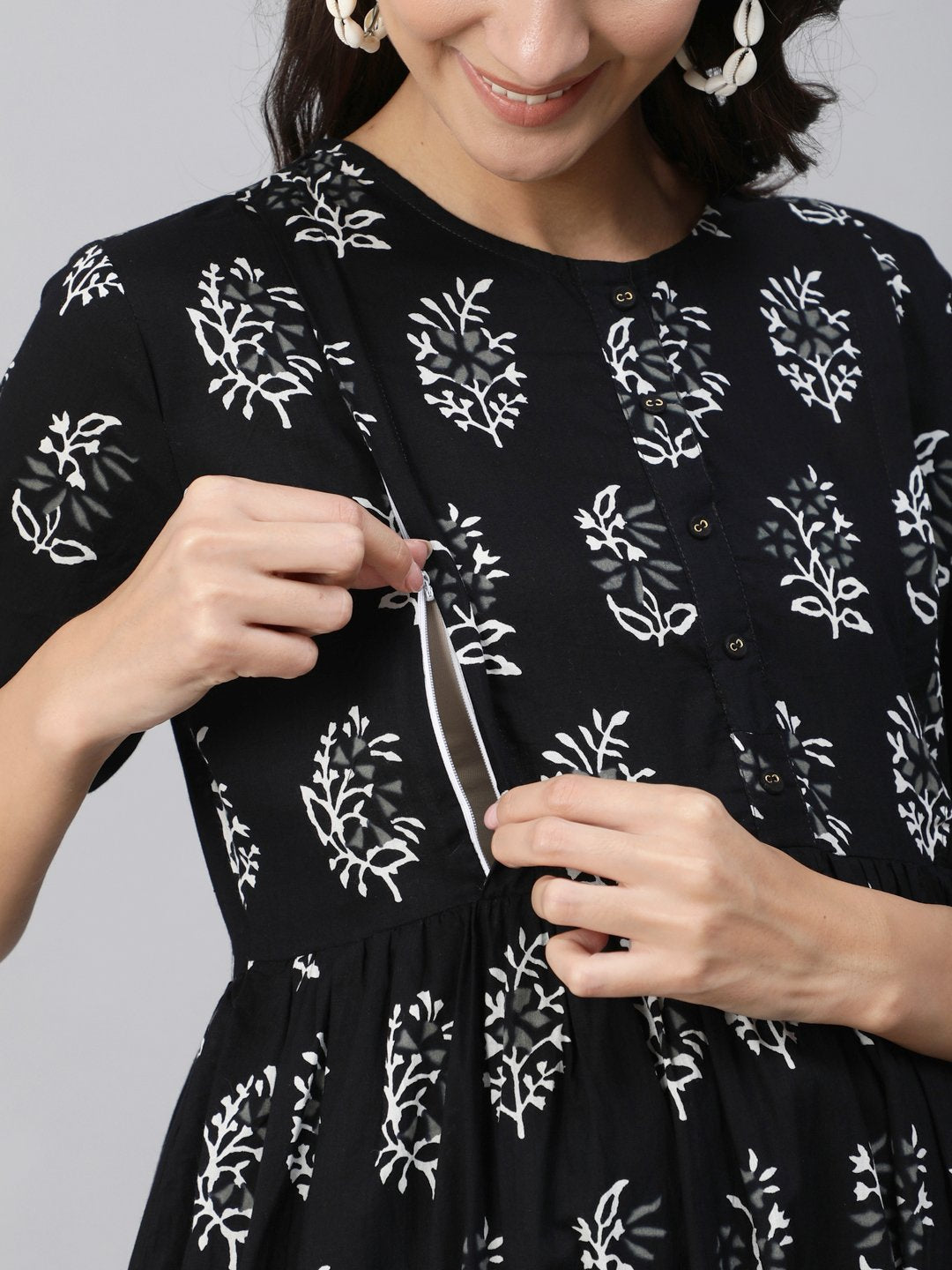 Women Black Printed Maternity Dress With Three Quarter Sleeves | LASVINI - Redefining Indian Fashion with Elegance