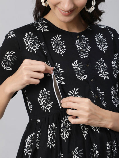 Women Black Printed Maternity Dress With Three Quarter Sleeves | LASVINI - Redefining Indian Fashion with Elegance