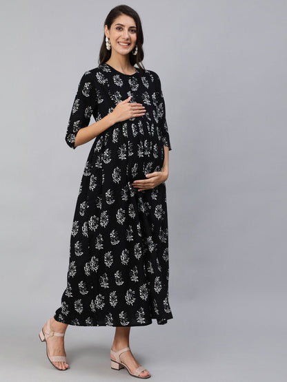 Women Black Printed Maternity Dress With Three Quarter Sleeves | LASVINI - Redefining Indian Fashion with Elegance