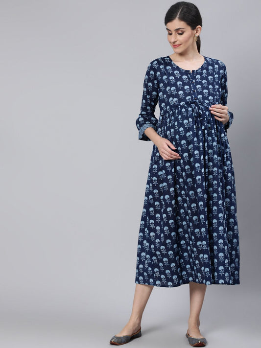 Women Blue Floral Printed Maternity Dress With Three Quarter Sleeves | LASVINI - Redefining Indian Fashion with Elegance