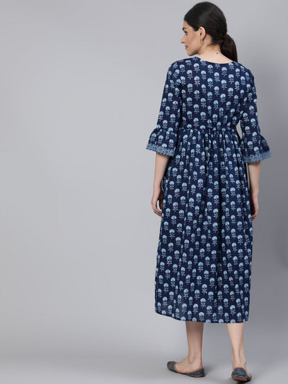 Women Blue Floral Printed Maternity Dress With Three Quarter Sleeves | LASVINI - Redefining Indian Fashion with Elegance