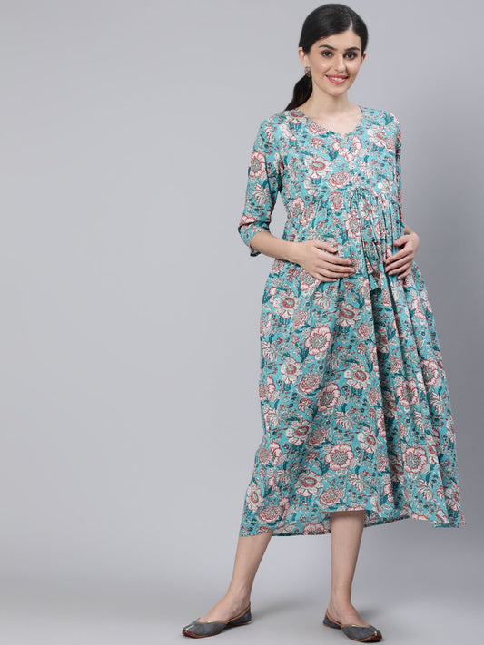 Women Blue Floral Printed Maternity Dress With Three Quarter Sleeves | LASVINI - Redefining Indian Fashion with Elegance