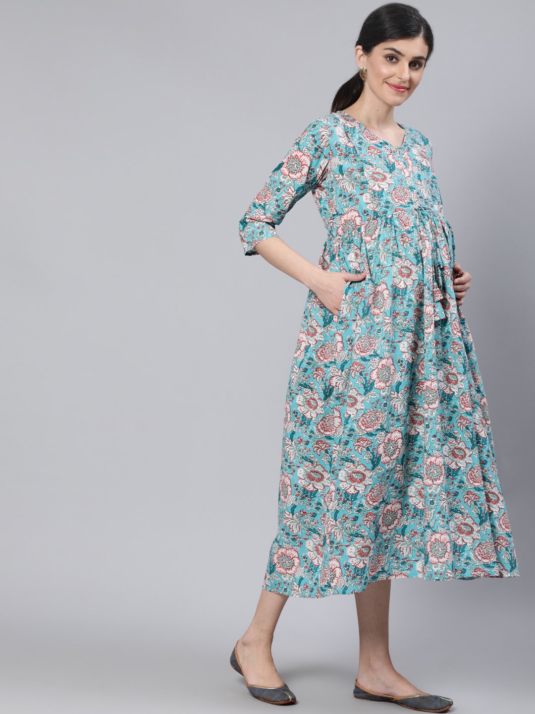 Women Blue Floral Printed Maternity Dress With Three Quarter Sleeves | LASVINI - Redefining Indian Fashion with Elegance