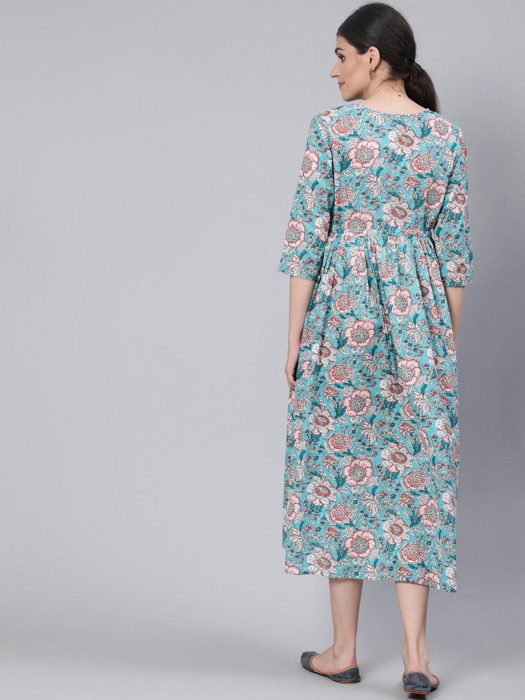 Women Blue Floral Printed Maternity Dress With Three Quarter Sleeves | LASVINI - Redefining Indian Fashion with Elegance