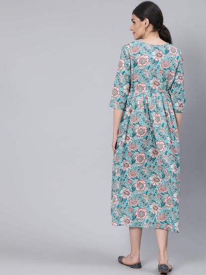 Women Blue Floral Printed Maternity Dress With Three Quarter Sleeves | LASVINI - Redefining Indian Fashion with Elegance