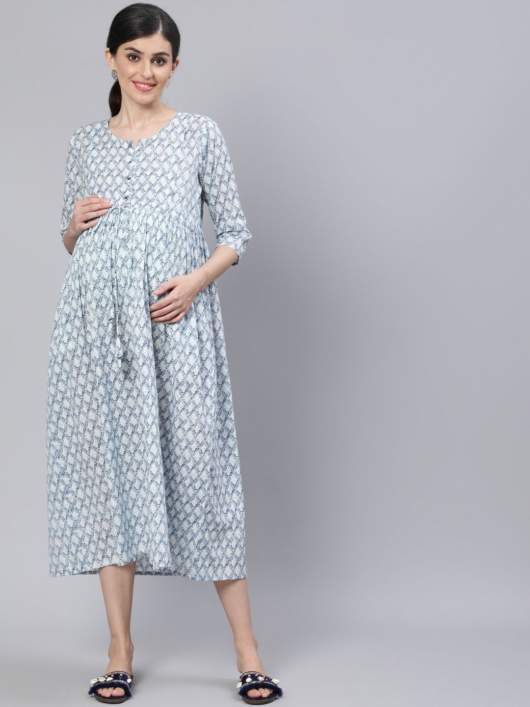 Women Off White & Blue Floral Printed Maternity Dress With Three Quarter Sleeves | LASVINI - Redefining Indian Fashion with Elegance