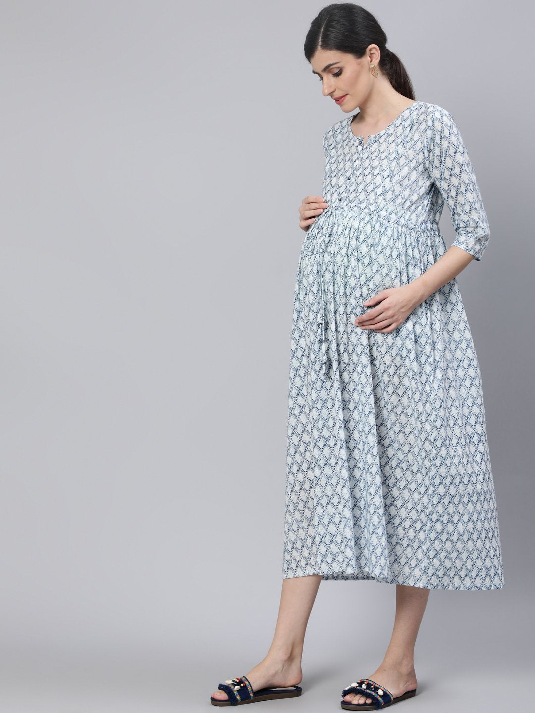 Women Off White & Blue Floral Printed Maternity Dress With Three Quarter Sleeves | LASVINI - Redefining Indian Fashion with Elegance