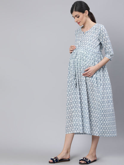 Women Off White & Blue Floral Printed Maternity Dress With Three Quarter Sleeves | LASVINI - Redefining Indian Fashion with Elegance